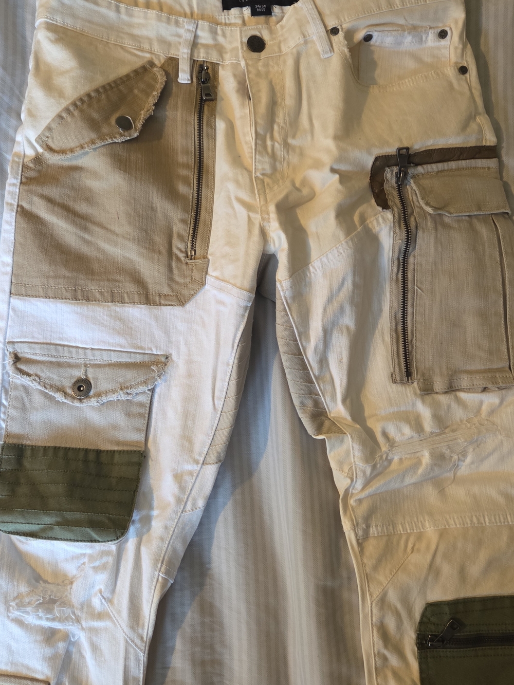 Jordan Craig Men's Patchwork Skinny Jeans in White, Beige & Olive